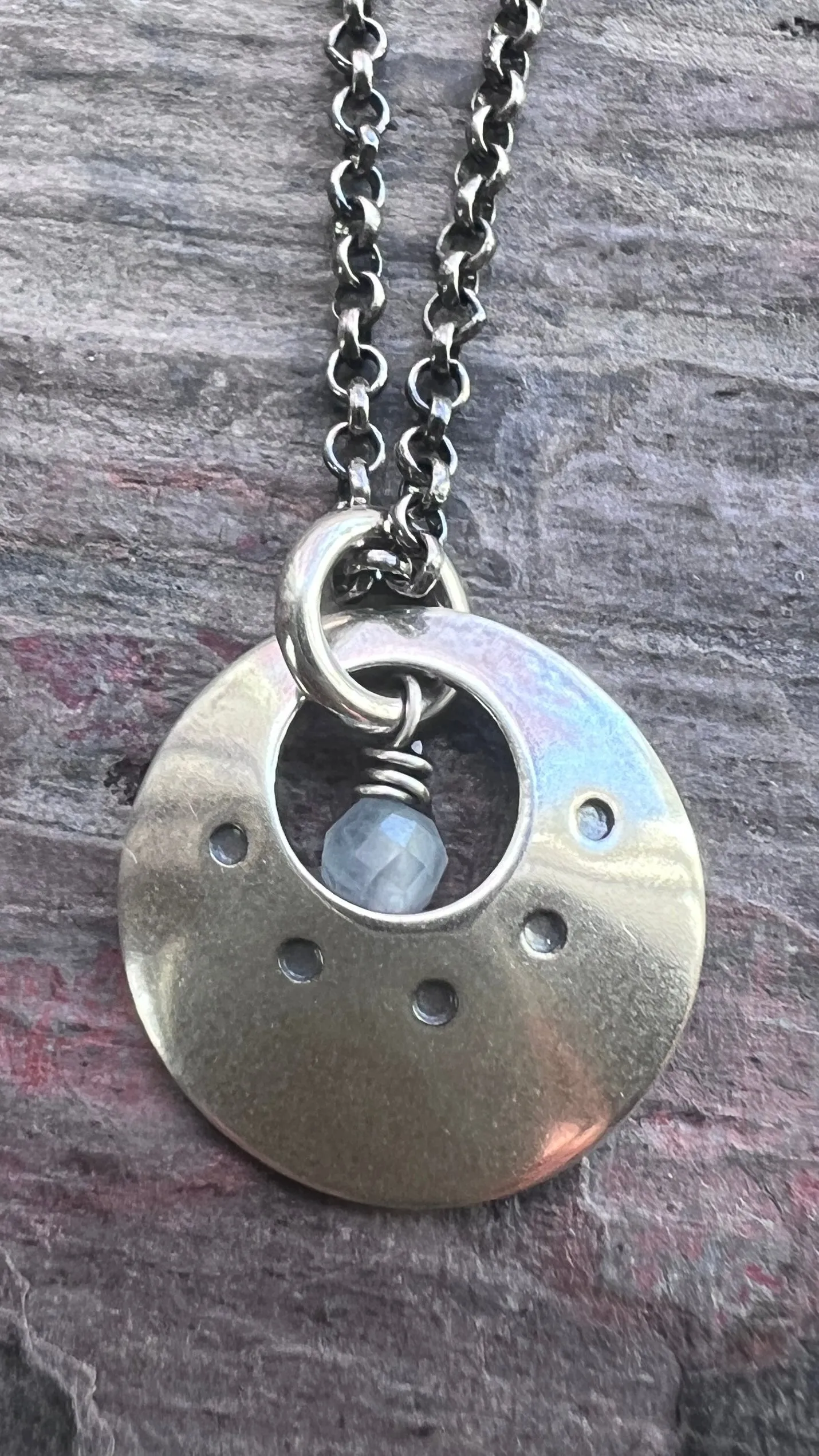 Customizable Sterling Silver Birthstone Necklace | Genuine Gemstone and Stamped Circle Pendant