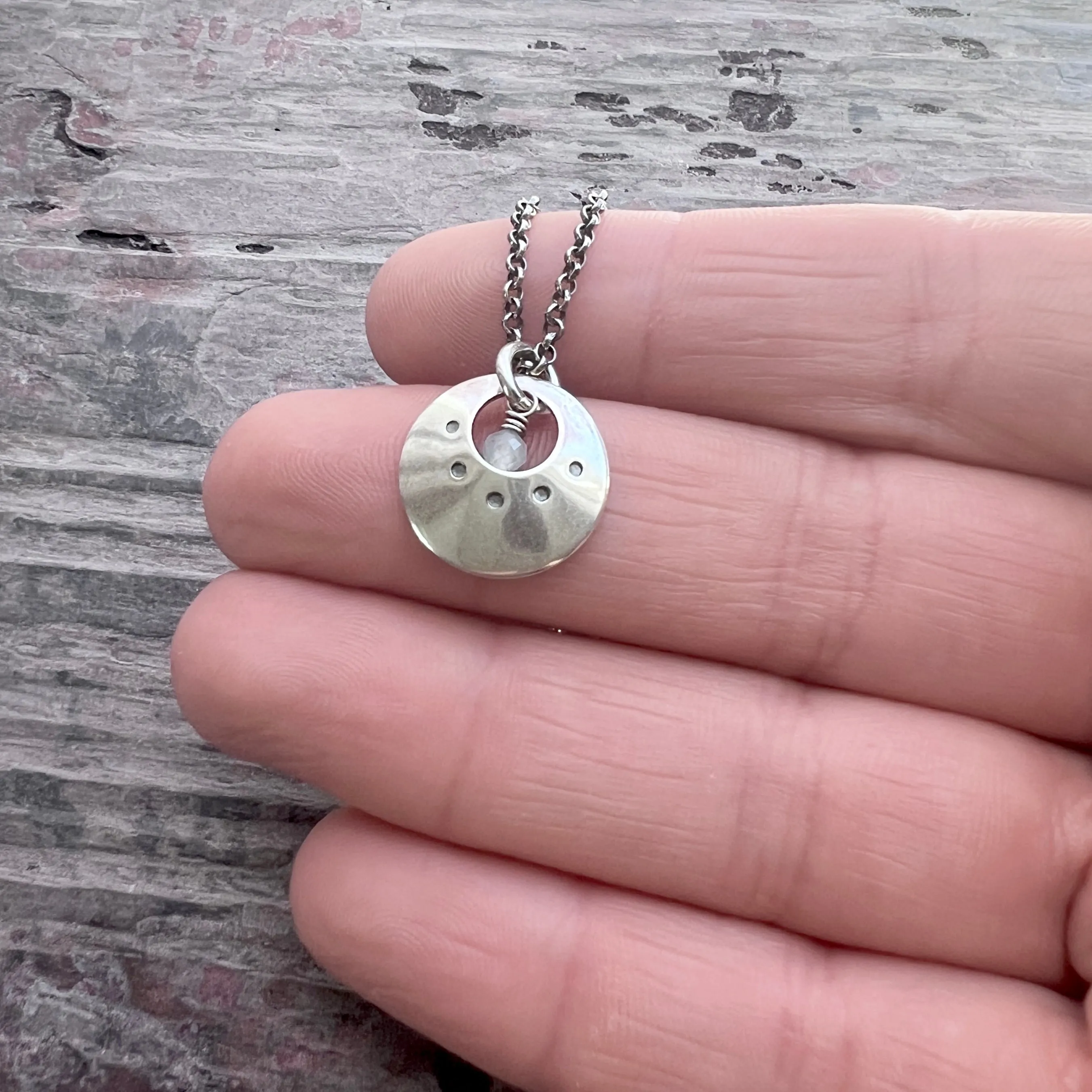 Customizable Sterling Silver Birthstone Necklace | Genuine Gemstone and Stamped Circle Pendant