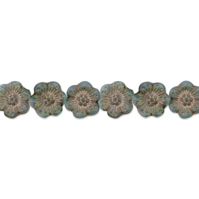 Czech Glass 14mm Wild Rose Aqua Blue Opaline with Platinum Wash Bead Strand by Raven's Journey