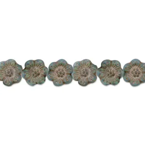 Czech Glass 14mm Wild Rose Aqua Blue Opaline with Platinum Wash Bead Strand by Raven's Journey