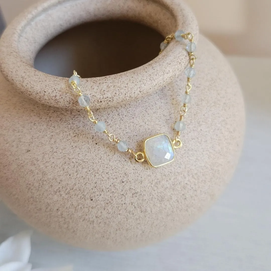 Dainty Aquamarine and Moonstone Bracelet, Boho Beaded Bracelet
