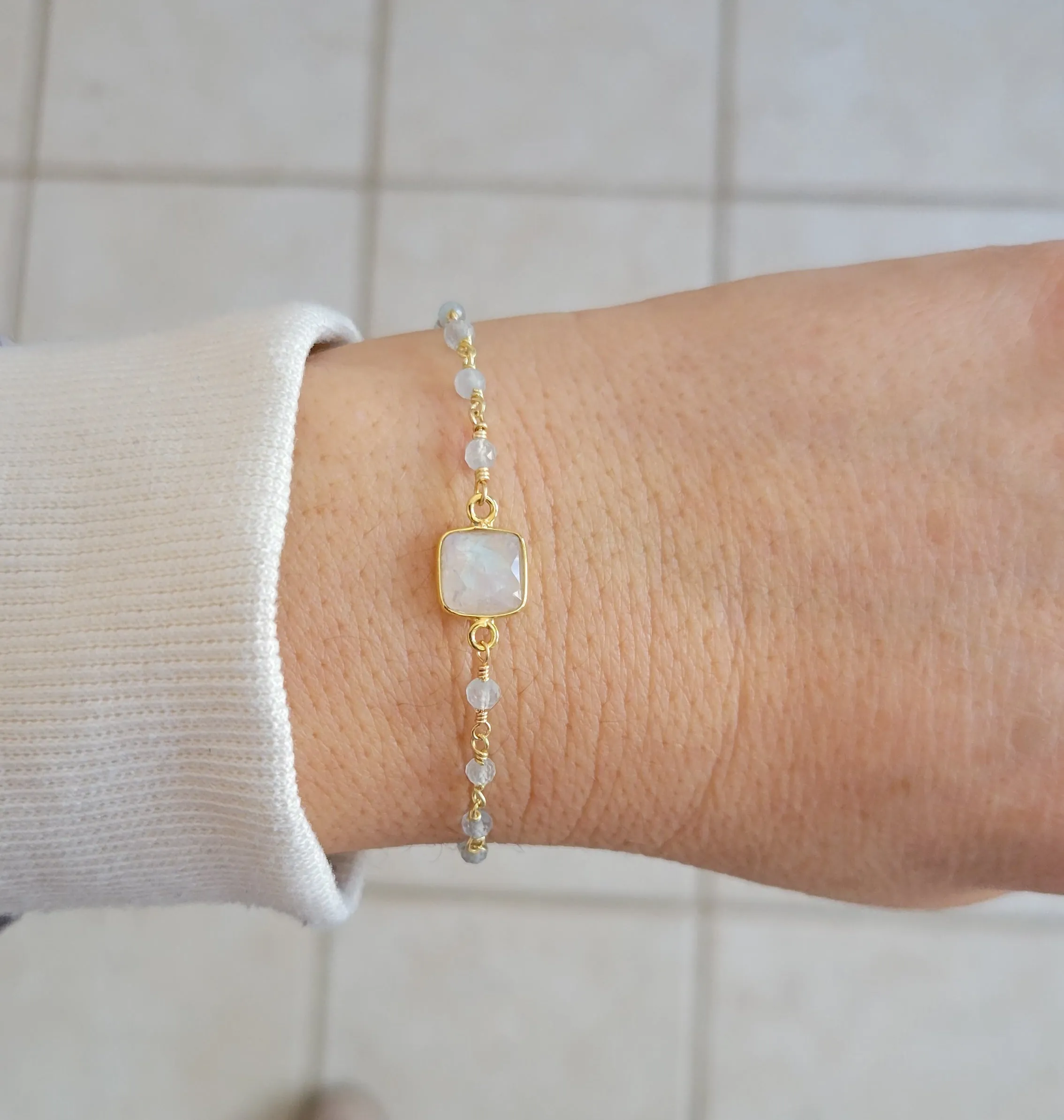 Dainty Aquamarine and Moonstone Bracelet, Boho Beaded Bracelet