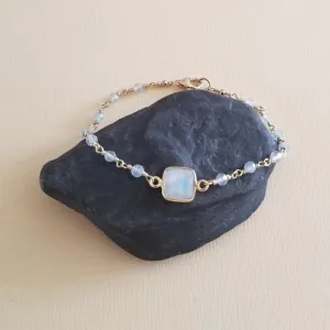 Dainty Aquamarine and Moonstone Bracelet, Boho Beaded Bracelet
