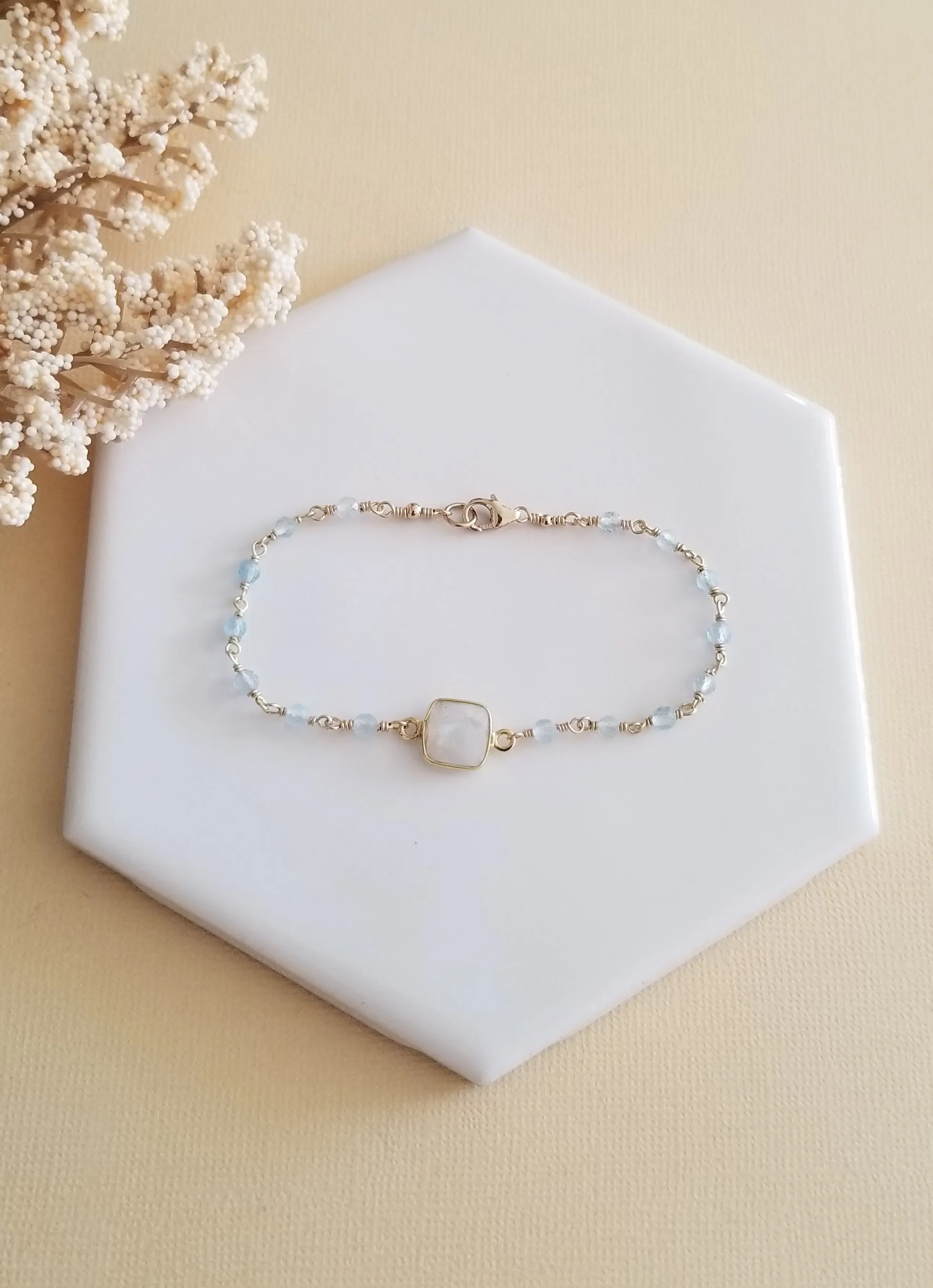 Dainty Aquamarine and Moonstone Bracelet, Boho Beaded Bracelet