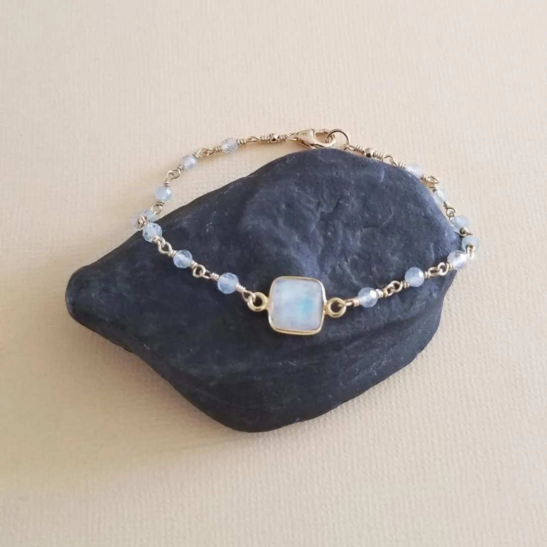 Dainty Aquamarine and Moonstone Bracelet, Boho Beaded Bracelet