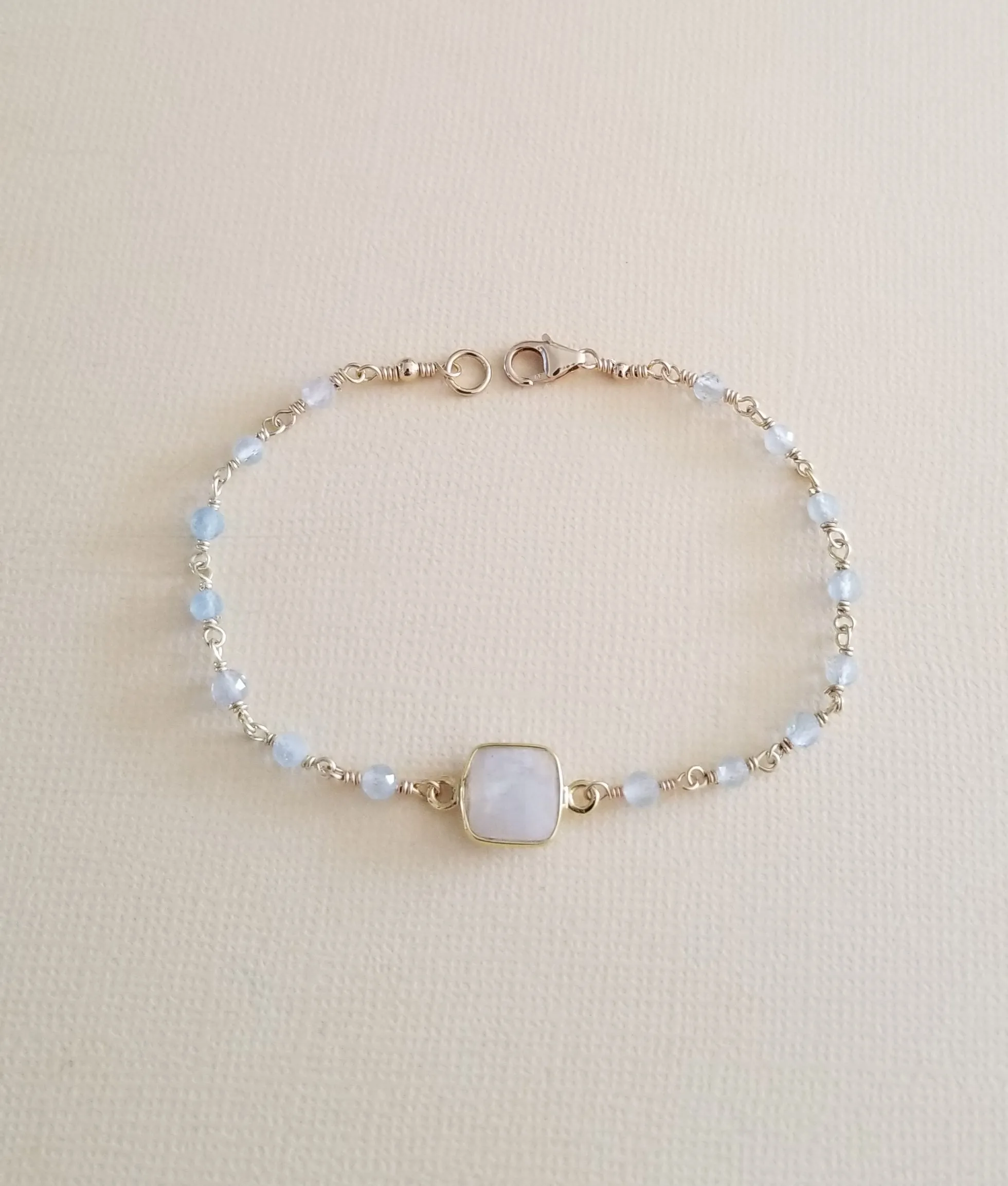 Dainty Aquamarine and Moonstone Bracelet, Boho Beaded Bracelet