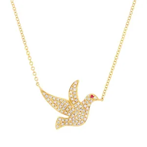 Diamond & 0.01ct Ruby 14k Yellow Gold Dove Necklace