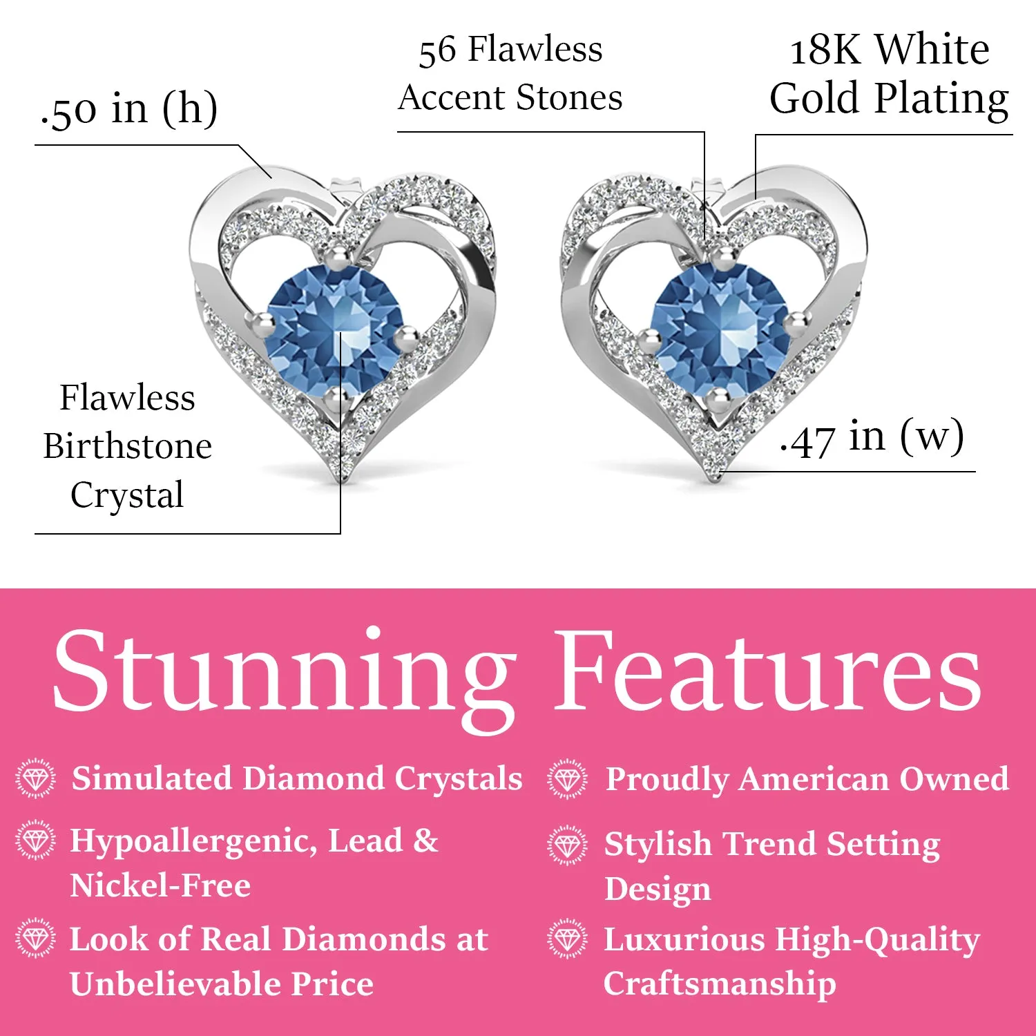 Forever December Birthstone Blue Topaz Earrings, 18k White Gold Plated Silver Double Heart Crystal Earrings
