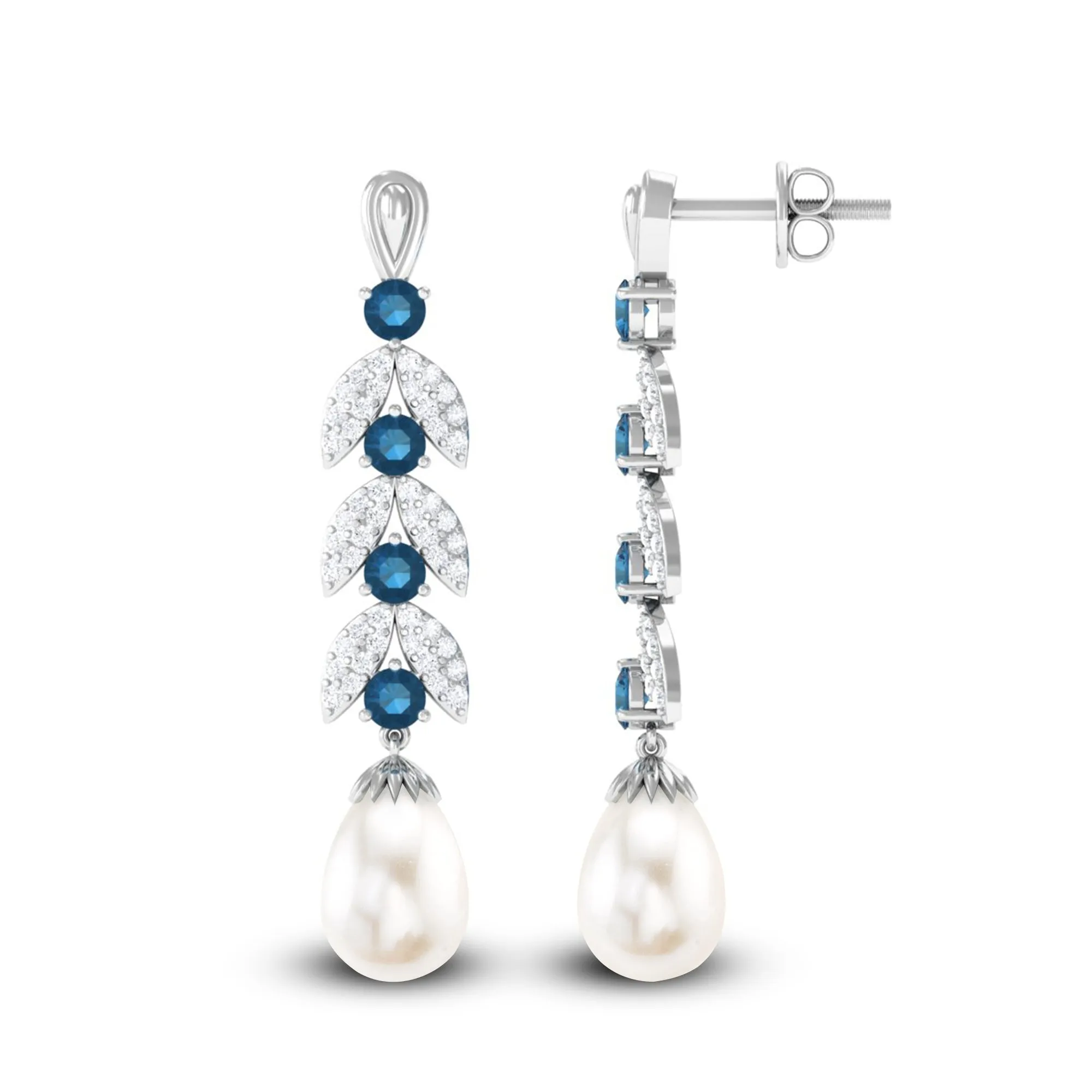 Freshwater Pearl and London Blue Topaz Drop Earrings with Moissanite