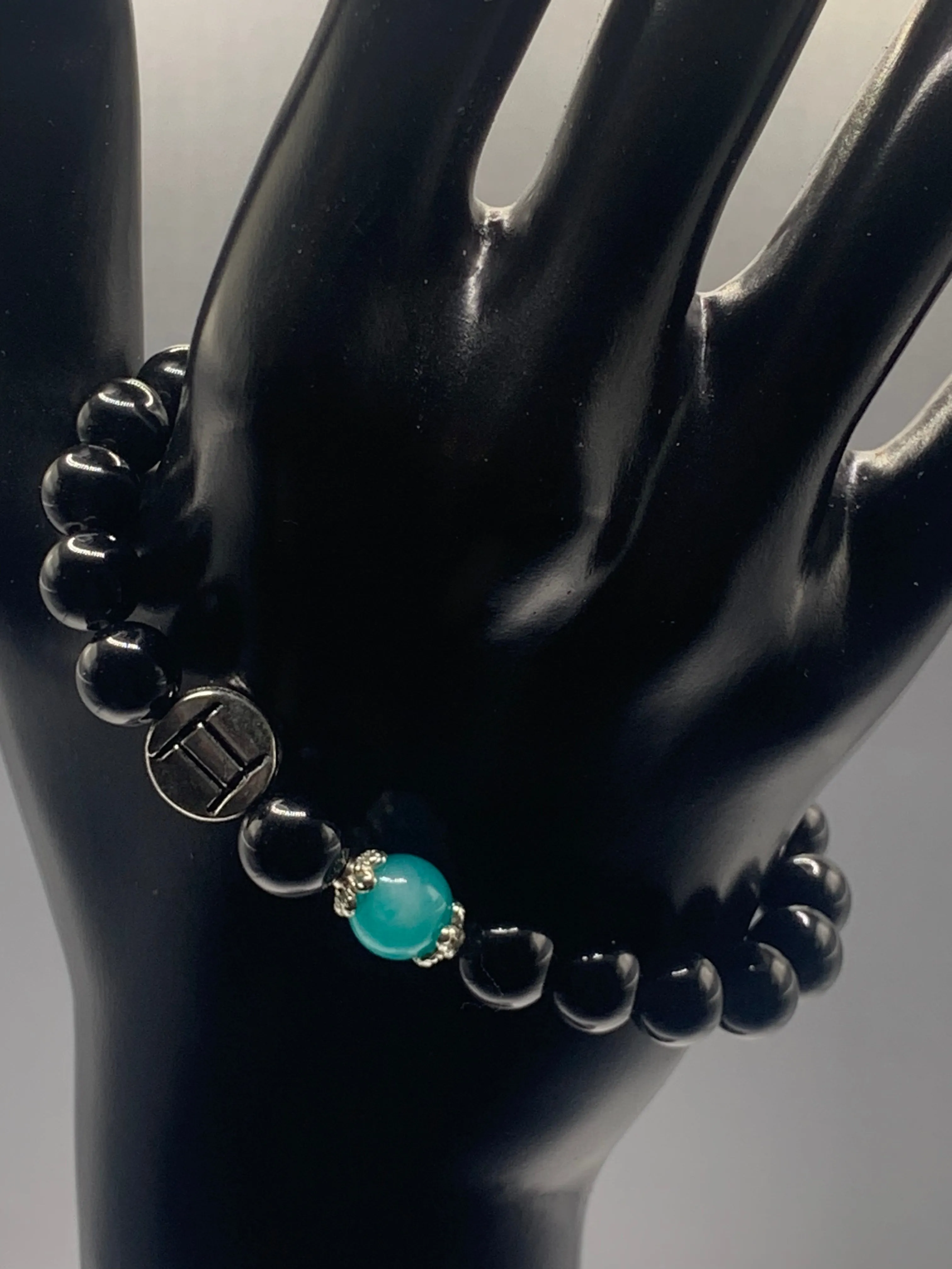 Gemini Zodiac black obsidian with aquamarine chalcedony elastic beaded bracelet with silver accents