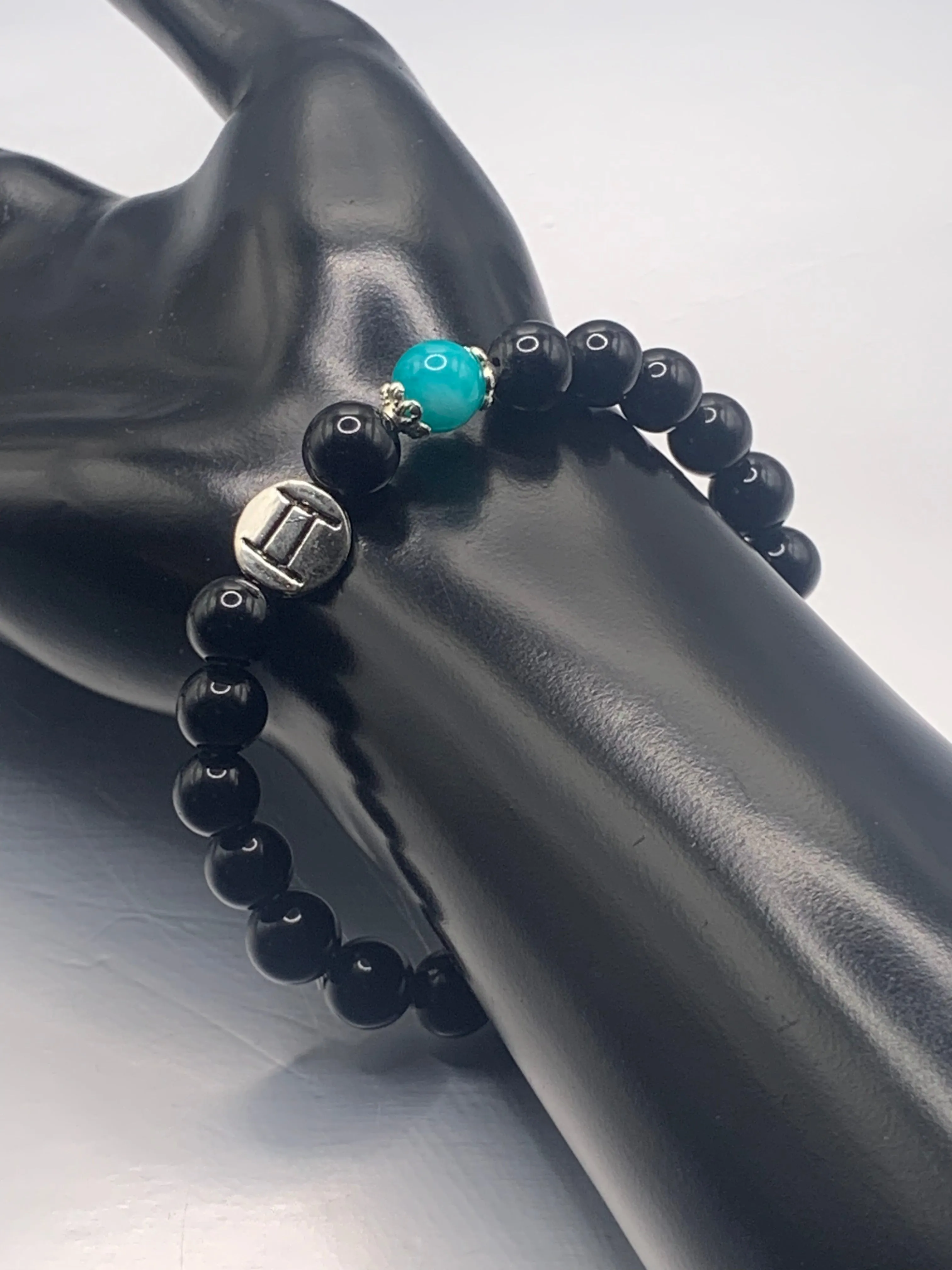 Gemini Zodiac black obsidian with aquamarine chalcedony elastic beaded bracelet with silver accents