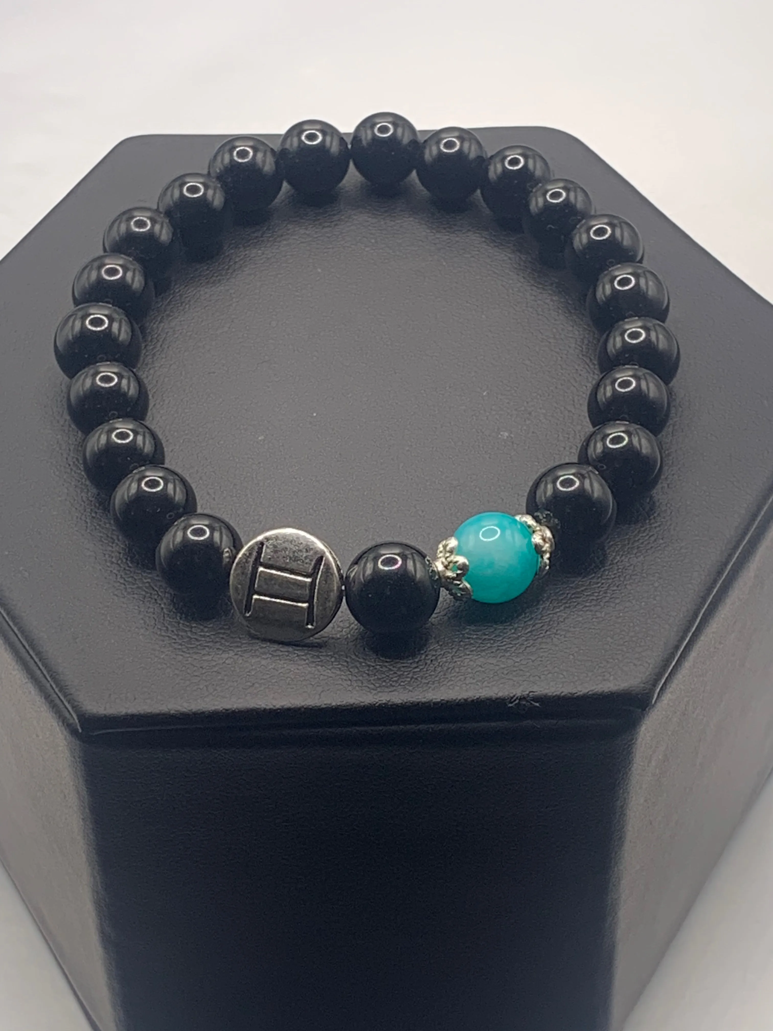 Gemini Zodiac black obsidian with aquamarine chalcedony elastic beaded bracelet with silver accents