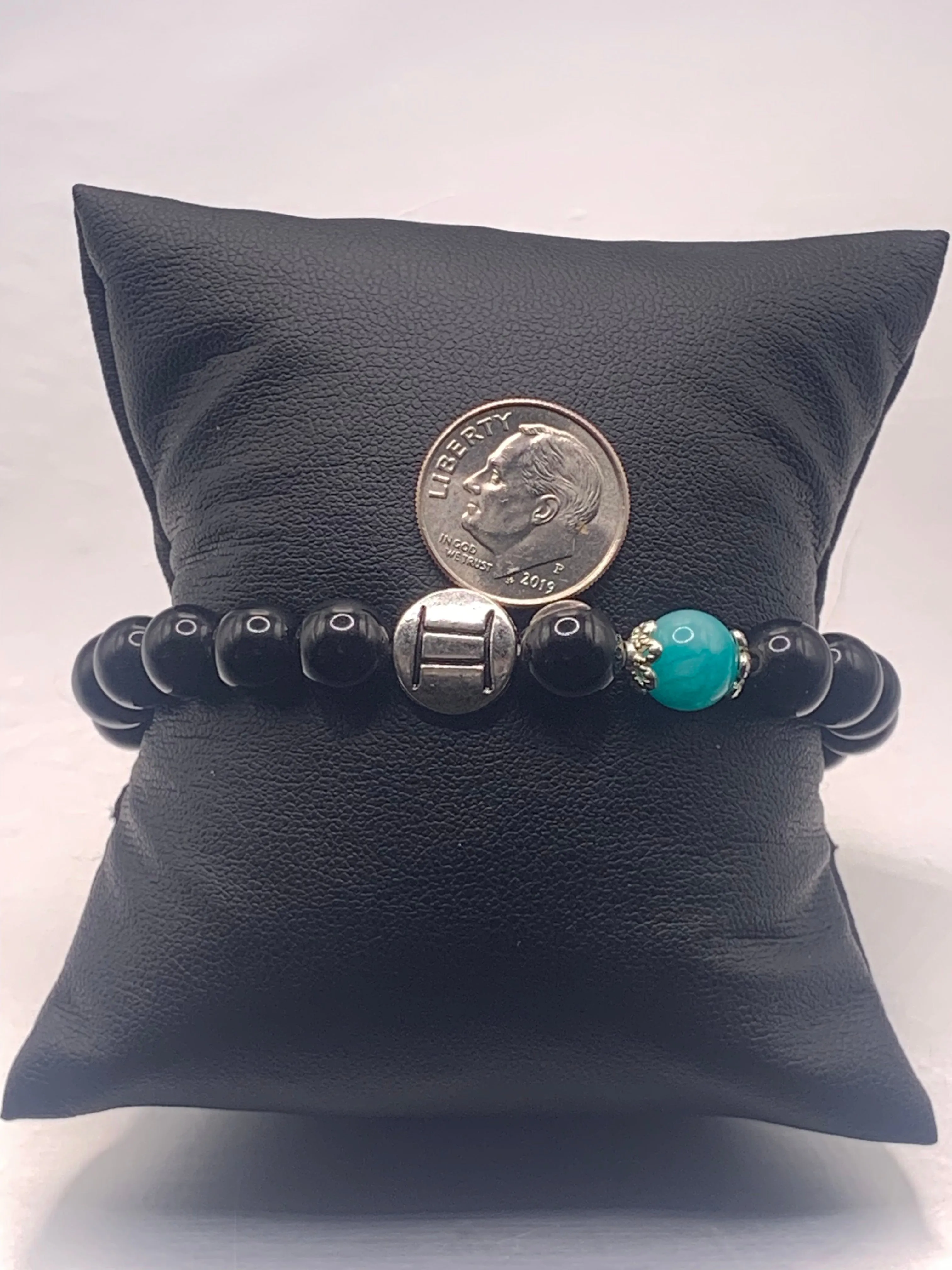 Gemini Zodiac black obsidian with aquamarine chalcedony elastic beaded bracelet with silver accents