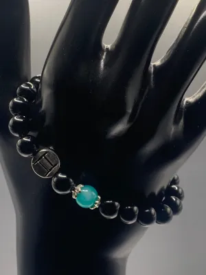 Gemini Zodiac black obsidian with aquamarine chalcedony elastic beaded bracelet with silver accents