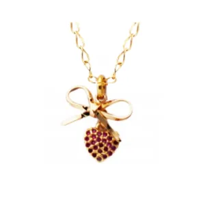 Gold Plated Bow With Small Puffy Fuchsia CZ Heart Necklace