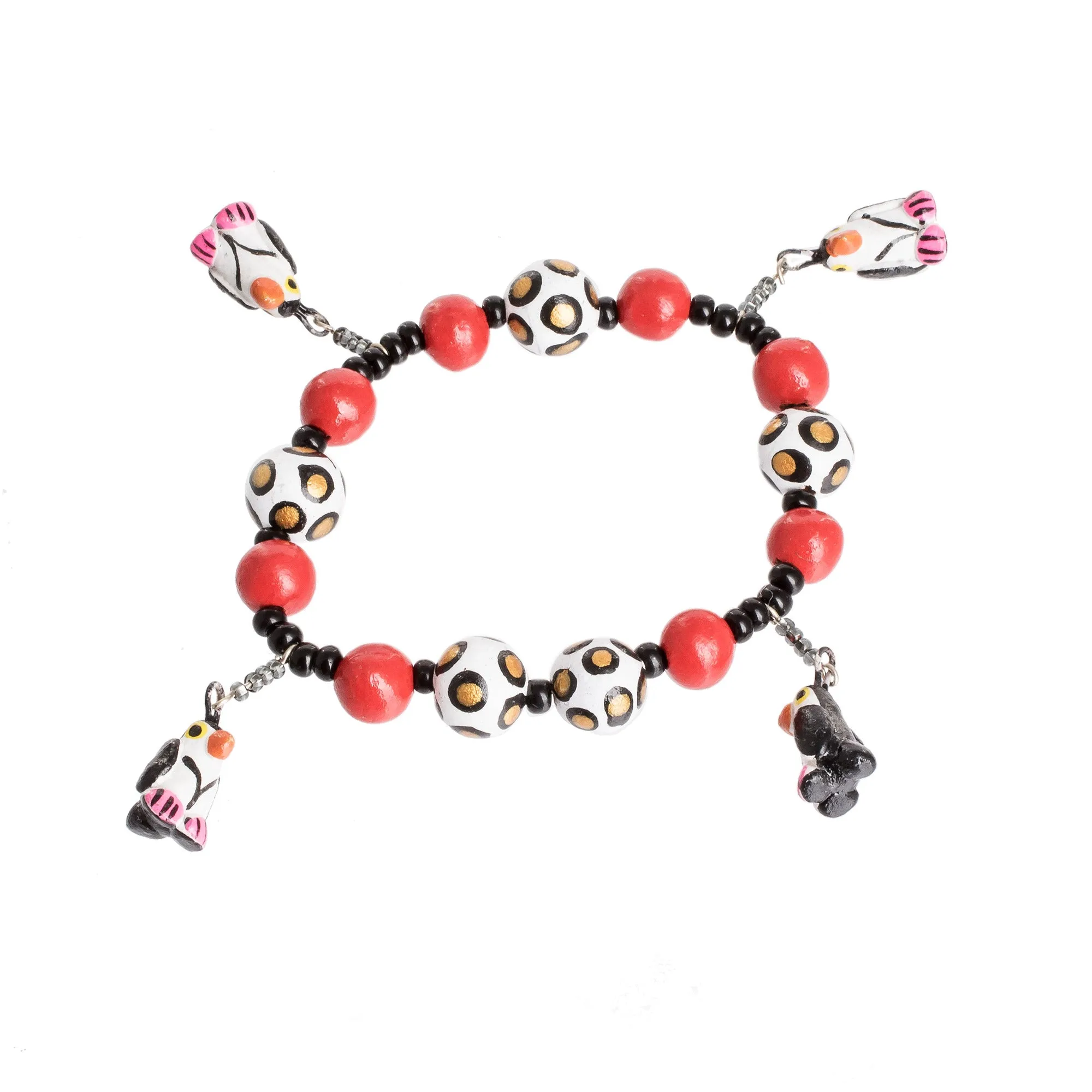Handcrafted Ceramic Beaded Stretch Bracelet with Penguins - Dangling Penguins | NOVICA