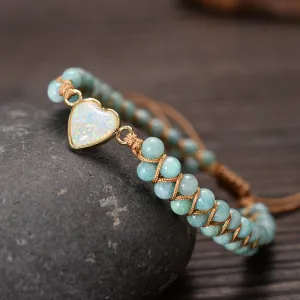 Heart Charm Bracelet - Handwoven Aquamarine Agate Beaded Bracelet