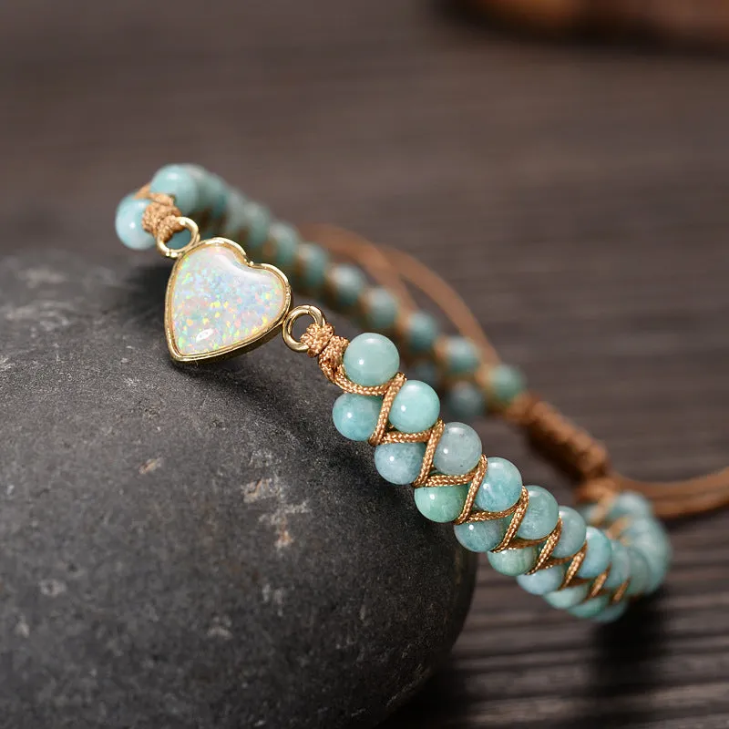 Heart Charm Bracelet - Handwoven Aquamarine Agate Beaded Bracelet
