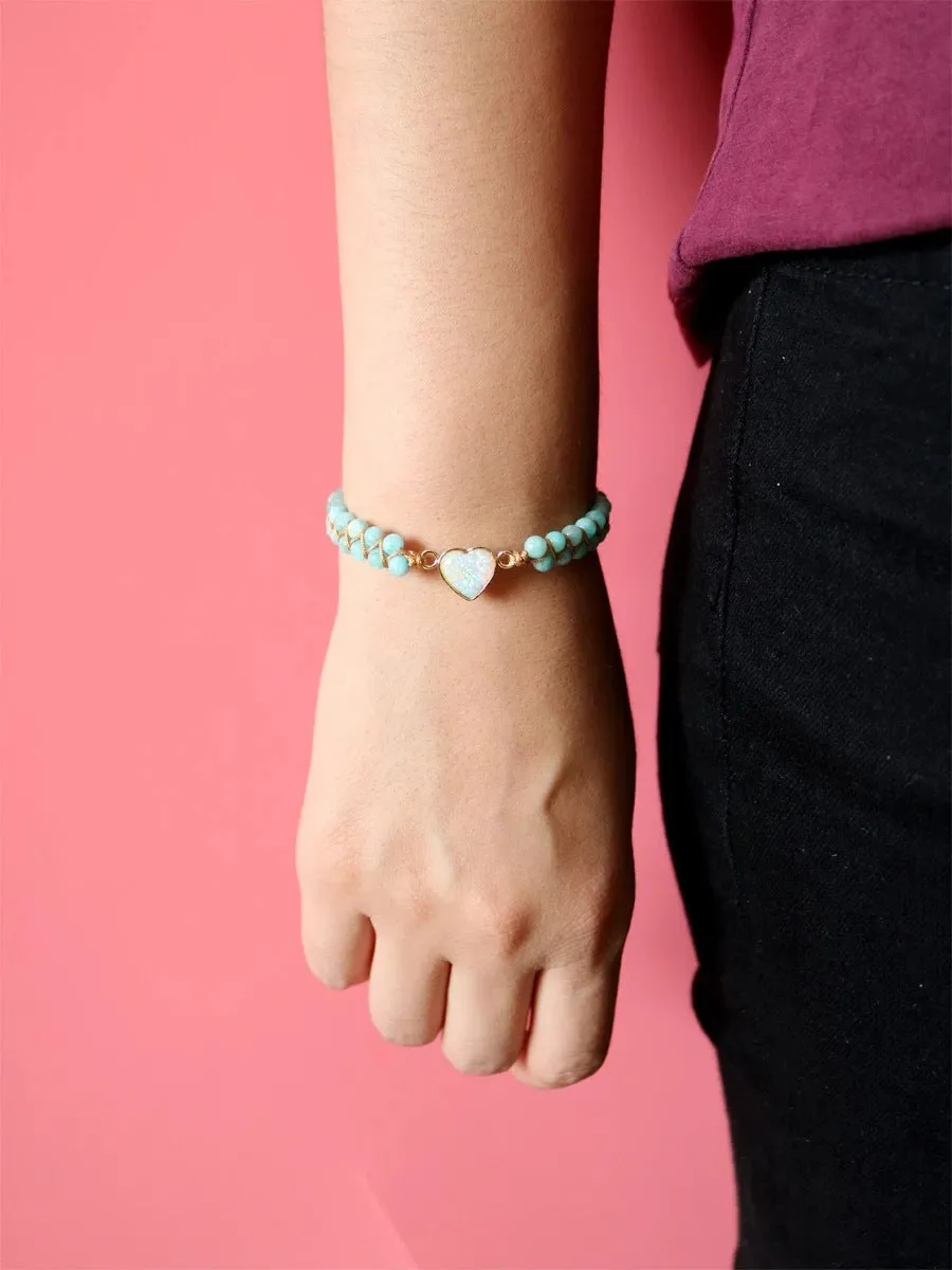 Heart Charm Bracelet - Handwoven Aquamarine Agate Beaded Bracelet