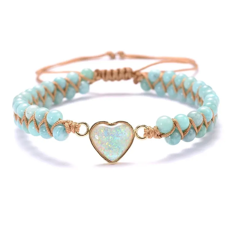 Heart Charm Bracelet - Handwoven Aquamarine Agate Beaded Bracelet