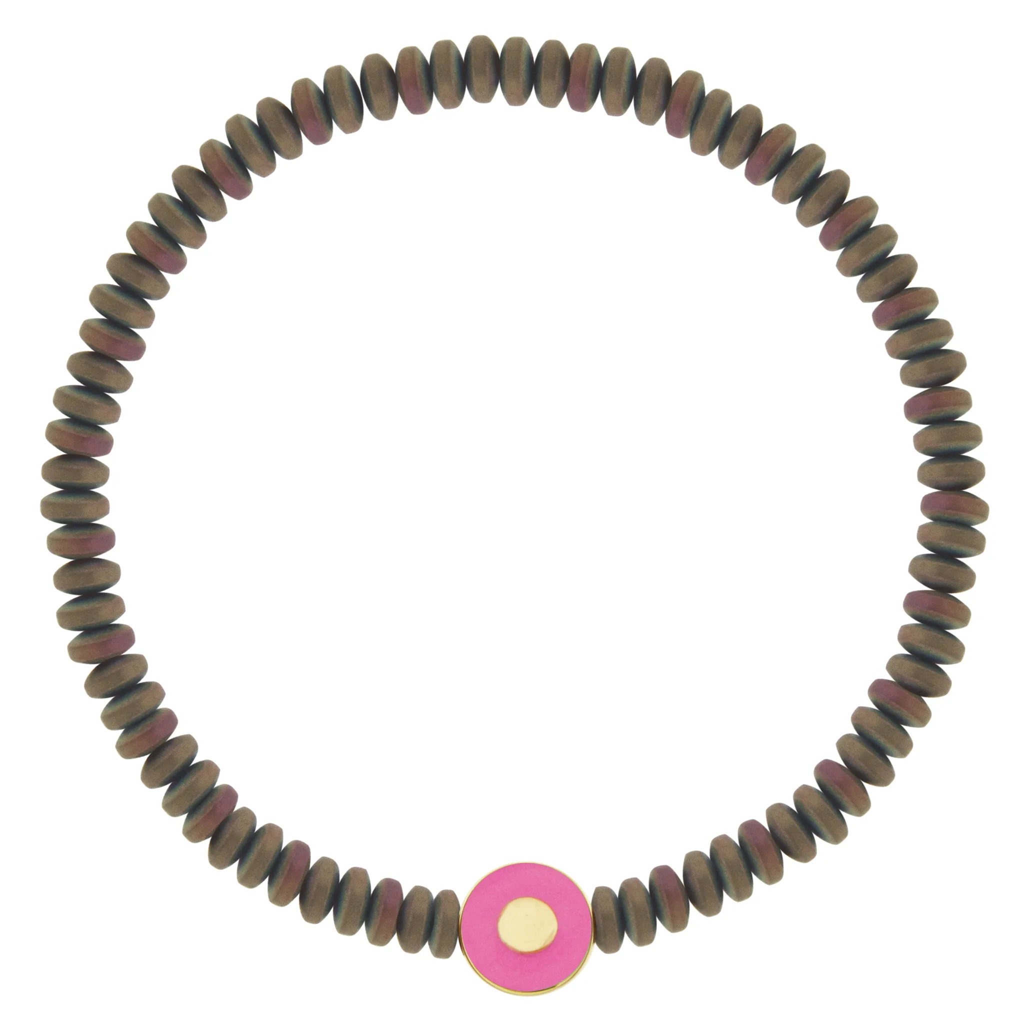 Neon Pink Enameled Evil Eye Disk on Metallic Hematite Beaded Bracelet
