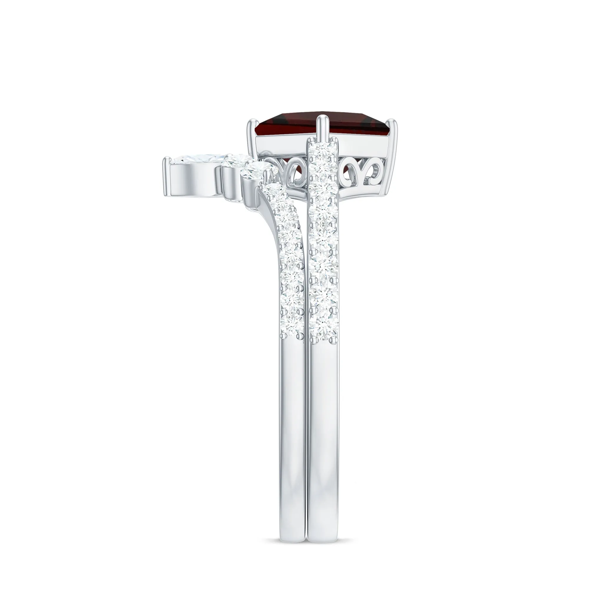 Princess Cut Solitaire Garnet Designer Ring Set with Diamond