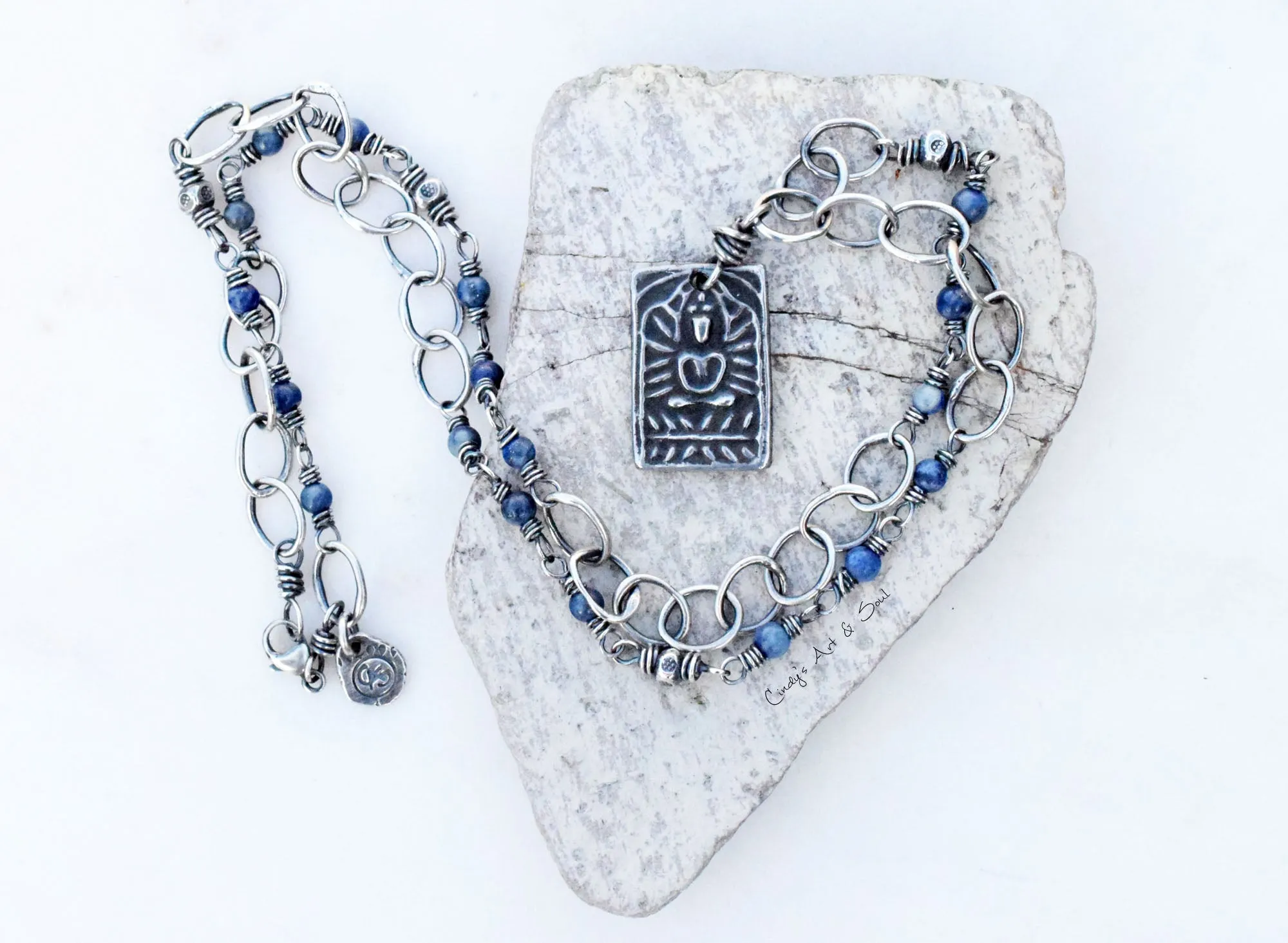 Royal Blue Sodalite Gemstones. Yogi Necklace. Fine Silver Beaded Chain.  81291