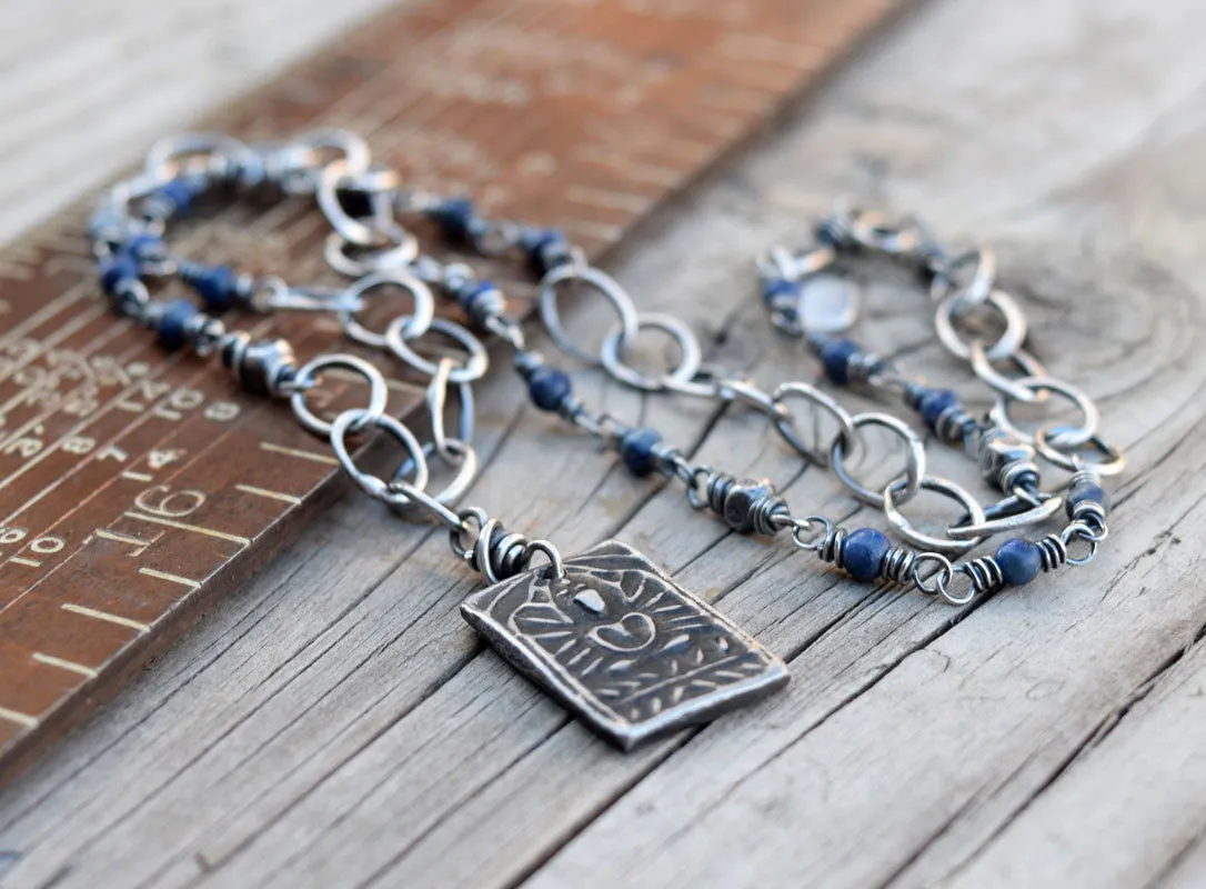 Royal Blue Sodalite Gemstones. Yogi Necklace. Fine Silver Beaded Chain.  81291