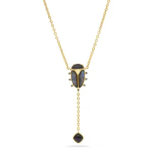 Scarab Lariat Necklace, 18" 2" - Blue Labradorite/Black Agate