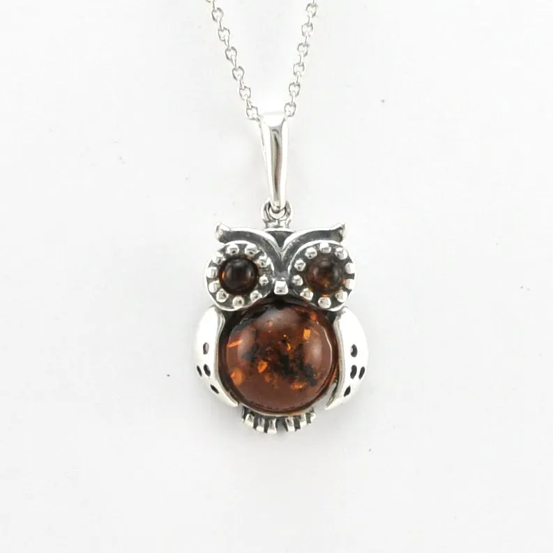 Sterling Silver Amber Owl Necklace