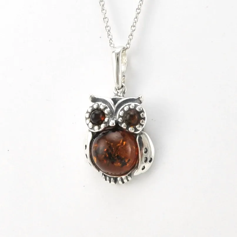 Sterling Silver Amber Owl Necklace