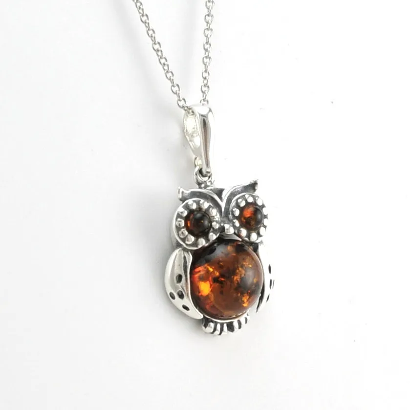Sterling Silver Amber Owl Necklace