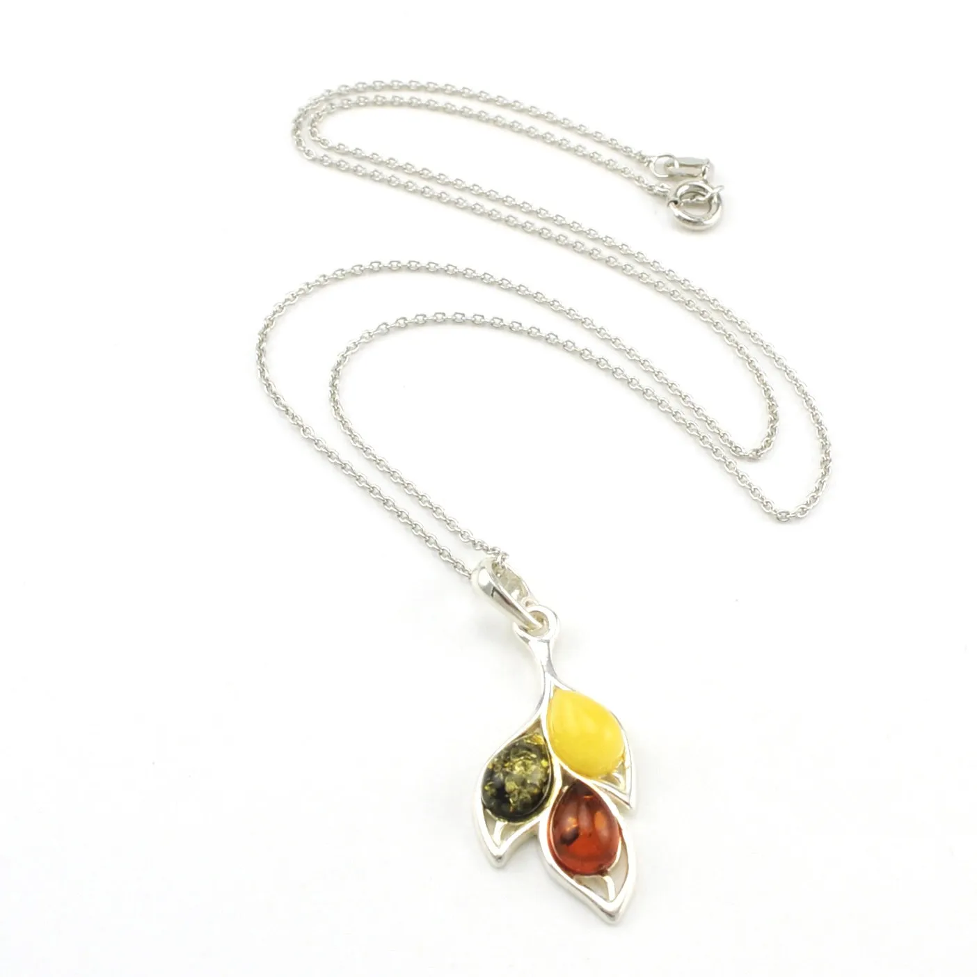 Sterling Silver Multicolored Amber Leaf Necklace