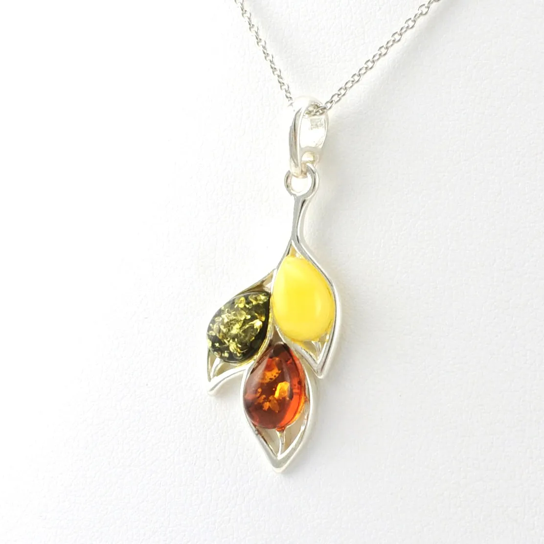 Sterling Silver Multicolored Amber Leaf Necklace