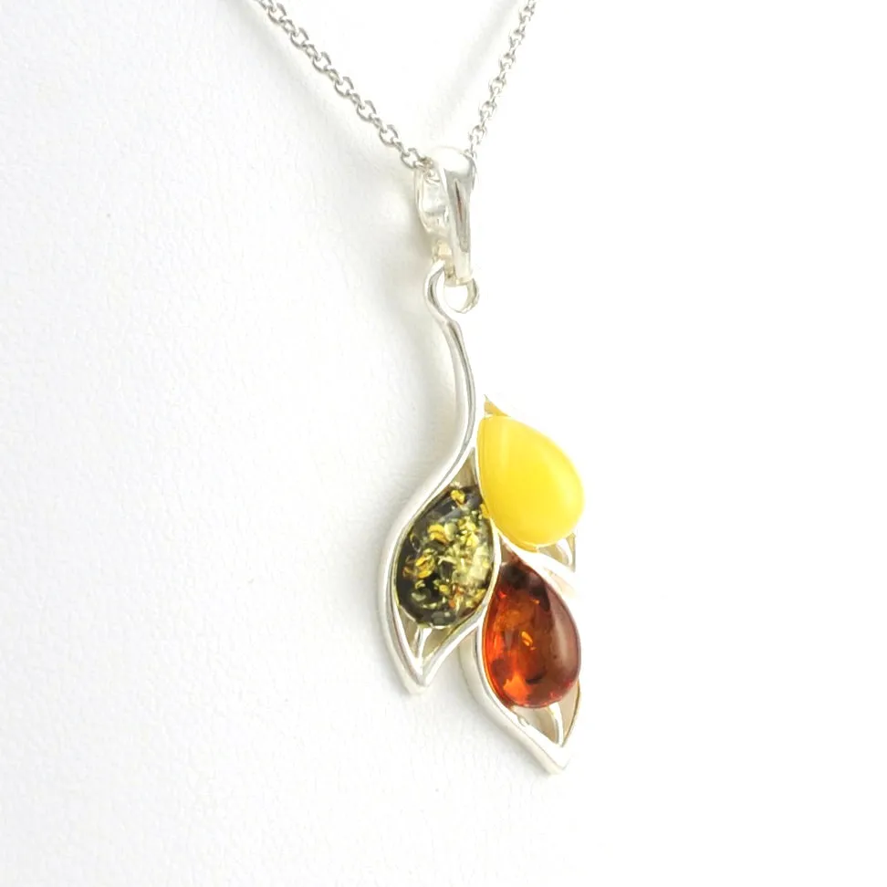 Sterling Silver Multicolored Amber Leaf Necklace