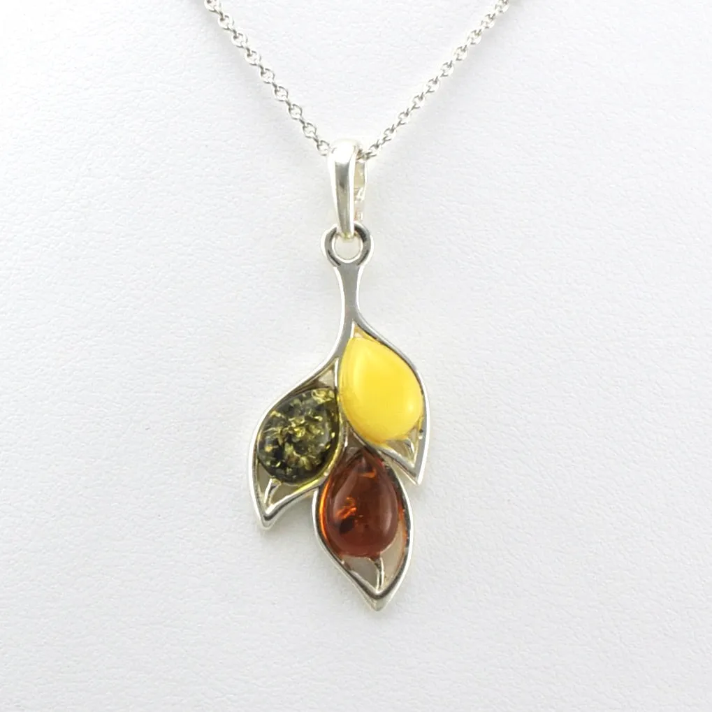 Sterling Silver Multicolored Amber Leaf Necklace
