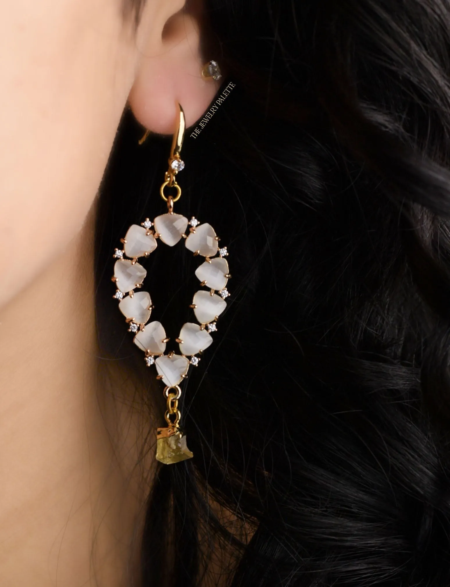 Yara white stones with gold edged citrine drop earrings